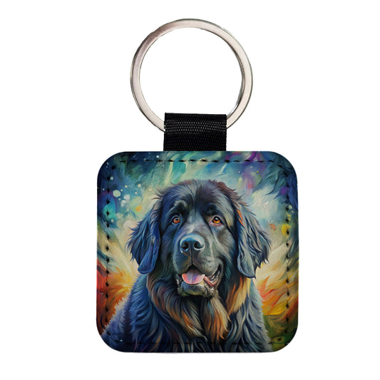 Newfoundland Dog Expressionism Art Square Faux Leather Keychain