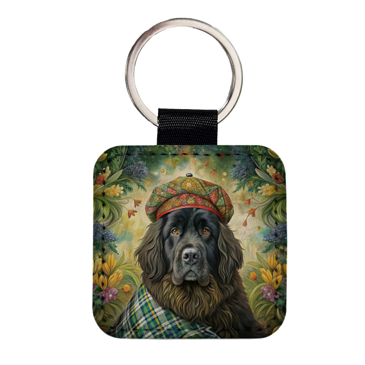 Newfoundland Dog French Bohemian Art Square Faux Leather Keychain