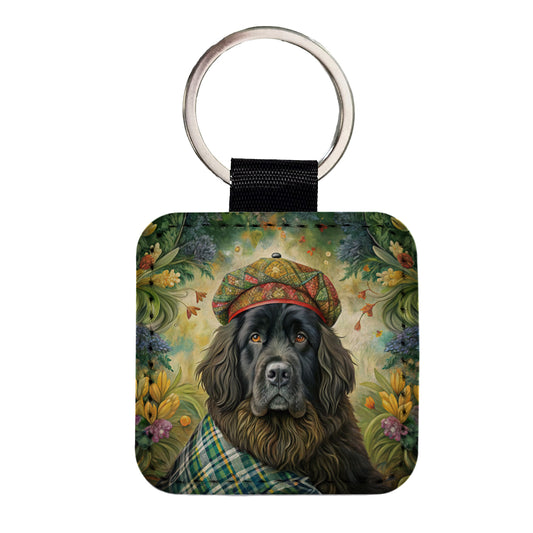 Newfoundland Dog French Bohemian Art Square Faux Leather Keychain