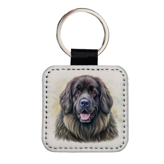 Newfoundland Dog Illustration Square Faux Leather Keychain