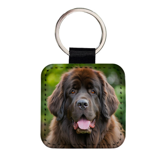 Newfoundland Dog Photo Square Faux Leather Keychain