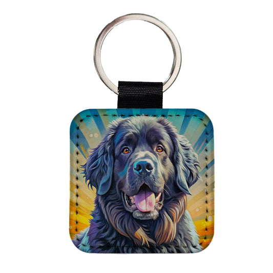 Newfoundland Dog Pop Art Square Faux Leather Keychain