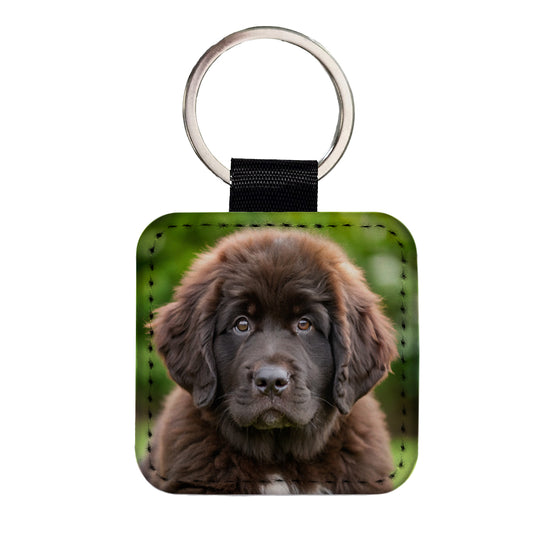 Newfoundland Dog Puppy Photo Square Faux Leather Keychain