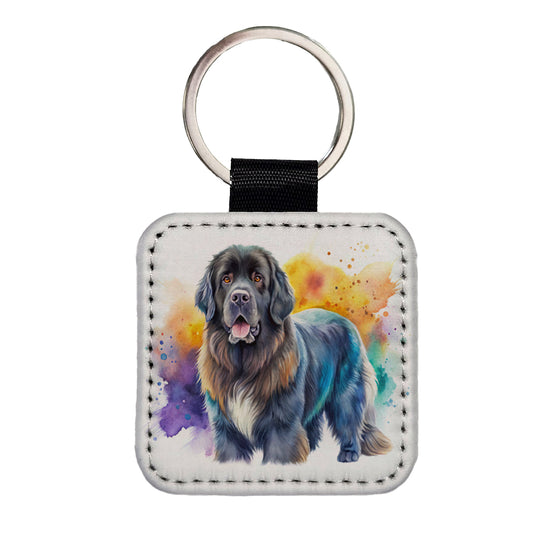 Newfoundland Dog Watercolor Style Square Faux Leather Keychain