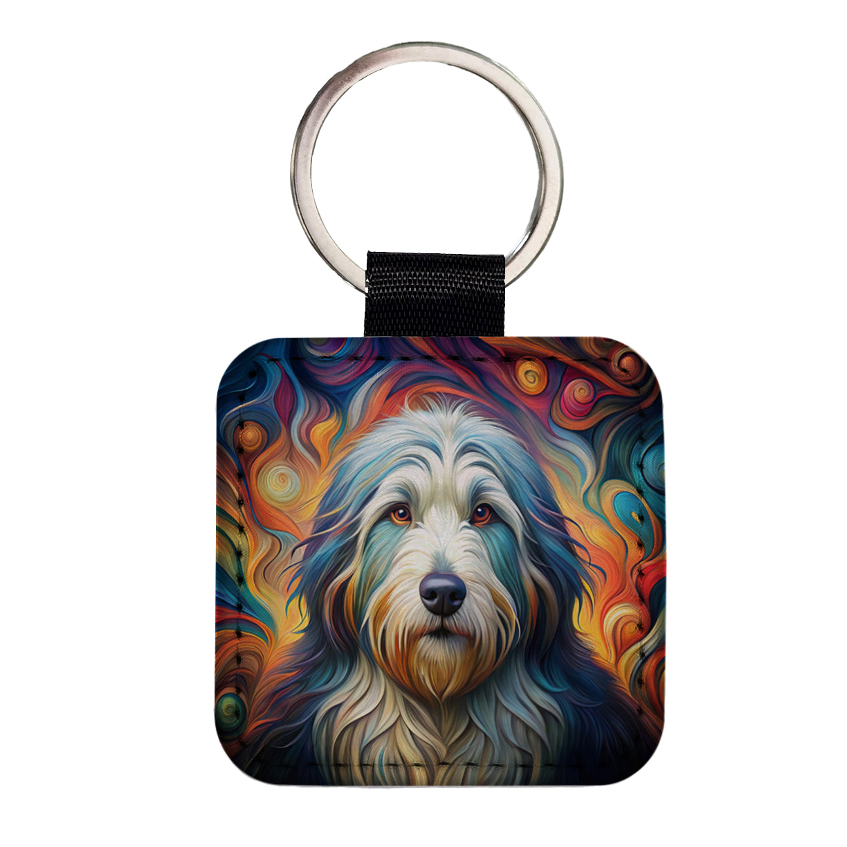 Old English Sheepdog Dog Abstract Art Square Faux Leather Keychain