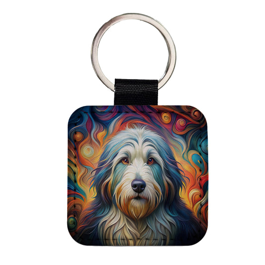 Old English Sheepdog Dog Abstract Art Square Faux Leather Keychain