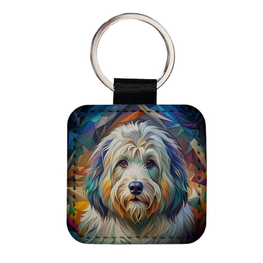 Old English Sheepdog Dog Abstract Stylized Art Square Faux Leather Keychain