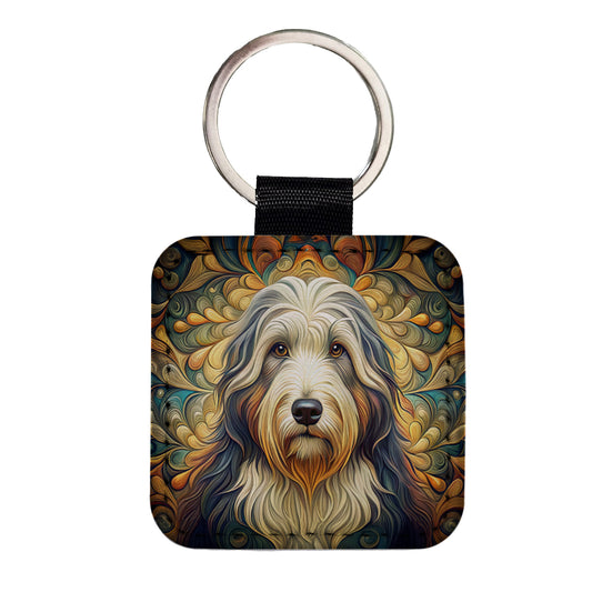 Old English Sheepdog Dog Art Nouveau Square Faux Leather Keychain