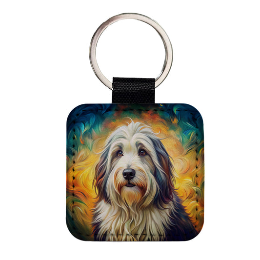 Old English Sheepdog Dog Bohemian Art Square Faux Leather Keychain