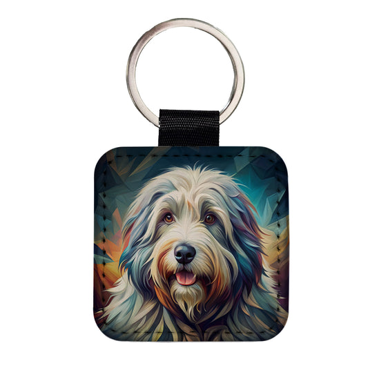 Old English Sheepdog Dog Contemporary Art Square Faux Leather Keychain