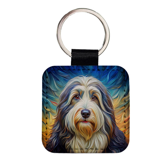 Old English Sheepdog Dog Expressionism Art Square Faux Leather Keychain