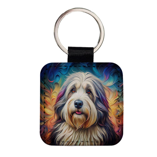 Old English Sheepdog Dog French Bohemian Art Square Faux Leather Keychain