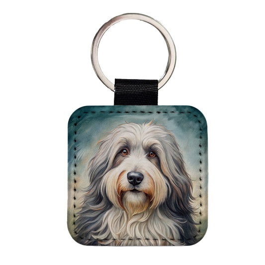 Old English Sheepdog Dog Illustration Square Faux Leather Keychain