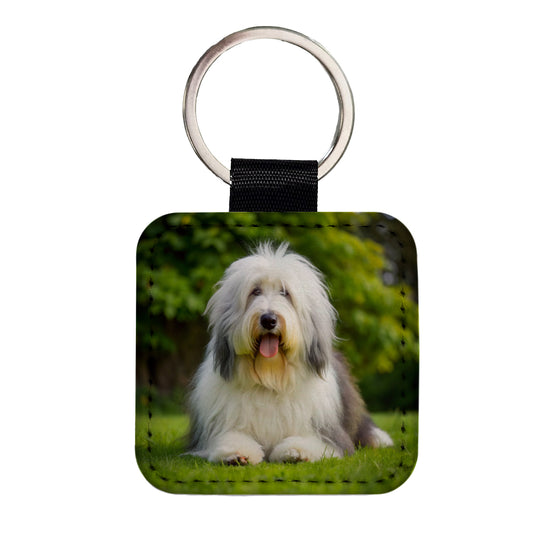Old English Sheepdog Dog Photo Square Faux Leather Keychain