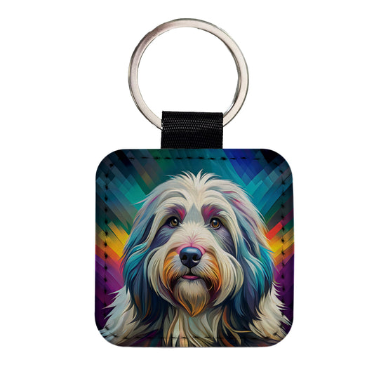 Old English Sheepdog Dog Pop Art Square Faux Leather Keychain