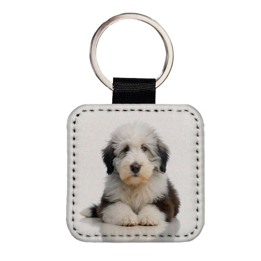 Old English Sheepdog Dog Puppy Photo Square Faux Leather Keychain