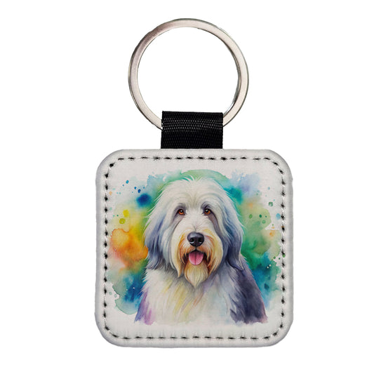 Old English Sheepdog Dog Watercolor Style Square Faux Leather Keychain