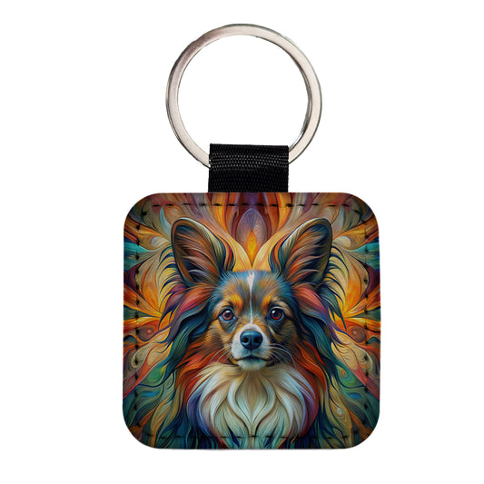Papillion Dog Abstract Art Square Faux Leather Keychain