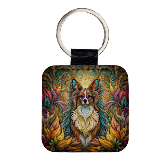 Papillion Dog Art Nouveau Square Faux Leather Keychain