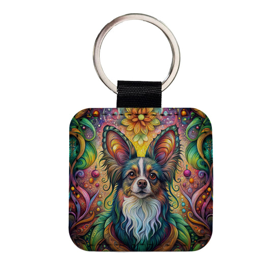 Papillion Dog Bohemian Art Square Faux Leather Keychain