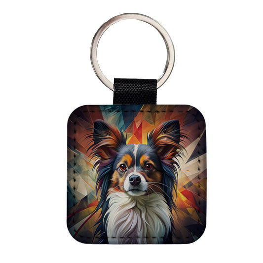 Papillion Dog Contemporary Art Square Faux Leather Keychain