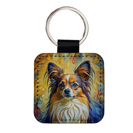 Papillion Dog Expressionism Art Square Faux Leather Keychain