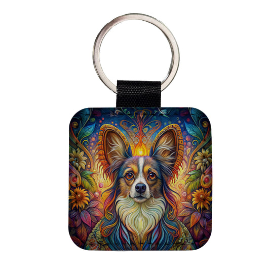 Papillion Dog French Bohemian Art Square Faux Leather Keychain