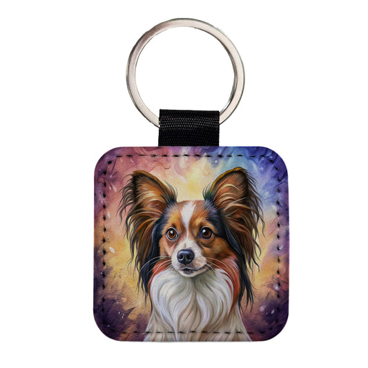 Papillion Dog Illustration Square Faux Leather Keychain