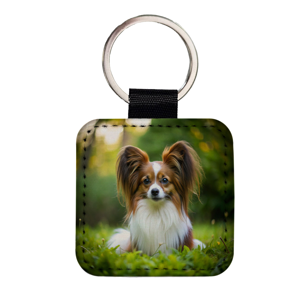 Papillion Dog Photo Square Faux Leather Keychain