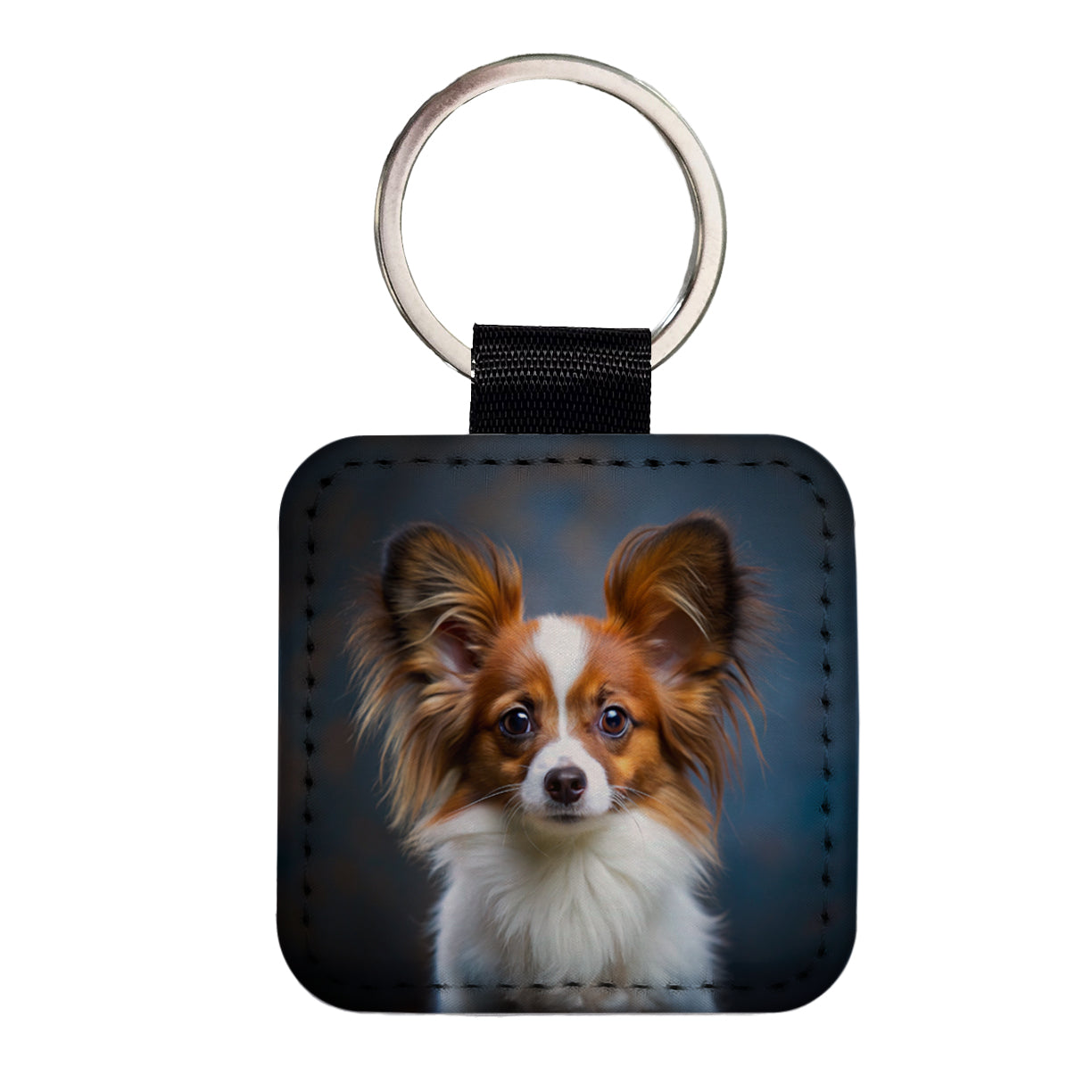 Papillion Dog Puppy Photo Square Faux Leather Keychain