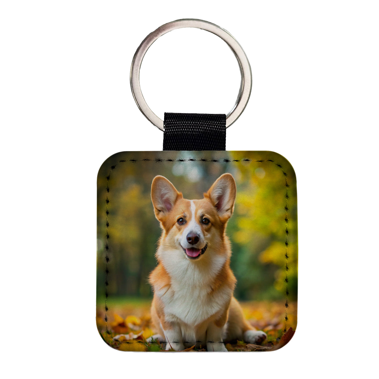 Pembroke Welsh Corgi Dog Photo Square Faux Leather Keychain