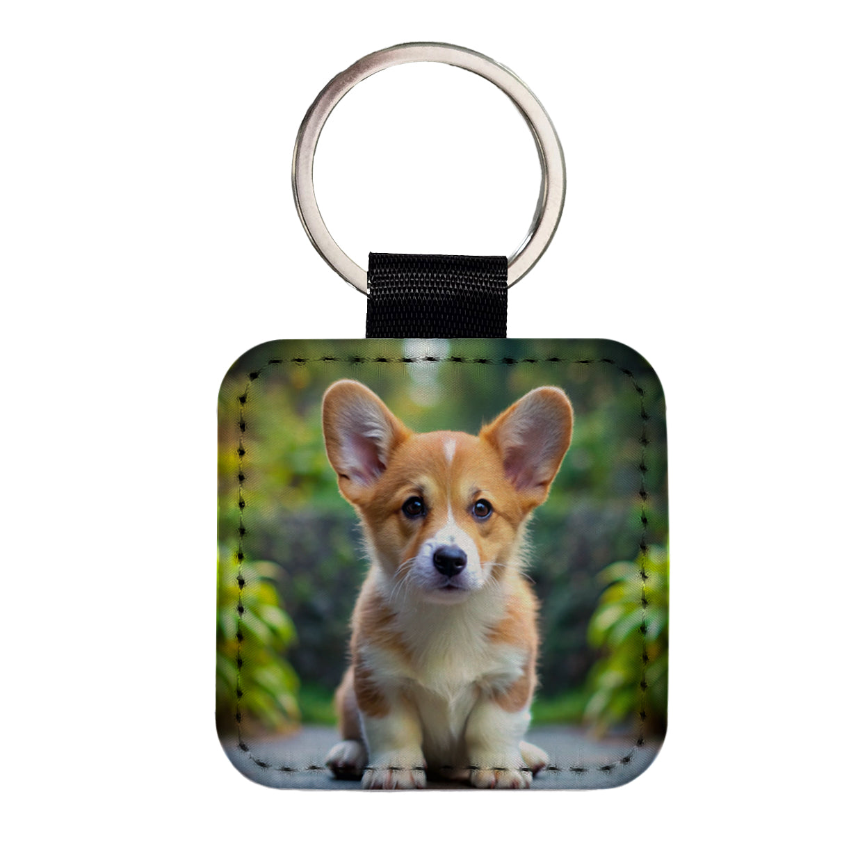 Pembroke Welsh Corgi Dog Puppy Photo Square Faux Leather Keychain