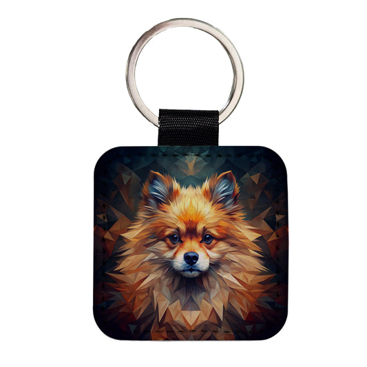 Pomeranian Dog Abstract Art Square Faux Leather Keychain