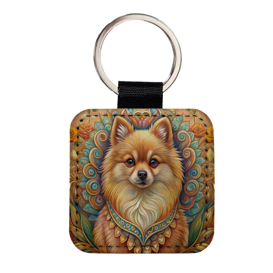 Pomeranian Dog Art Nouveau Square Faux Leather Keychain