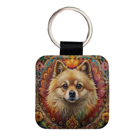 Pomeranian Dog Bohemian Art Square Faux Leather Keychain