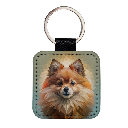 Pomeranian Dog Contemporary Art Square Faux Leather Keychain
