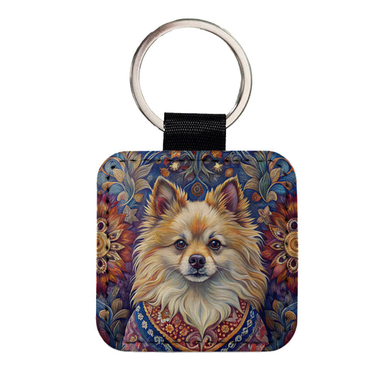Pomeranian Dog French Bohemian Art Square Faux Leather Keychain