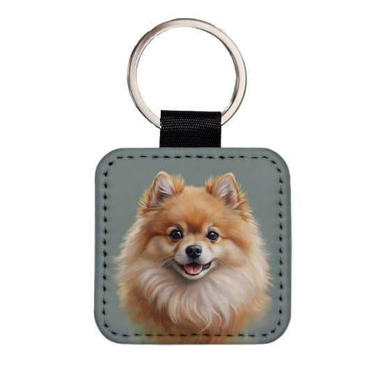Pomeranian Dog Illustration Square Faux Leather Keychain