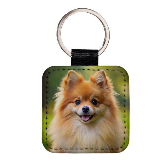 Pomeranian Dog Photo Square Faux Leather Keychain