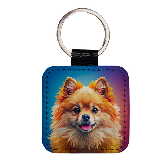 Pomeranian Dog Pop Art Square Faux Leather Keychain