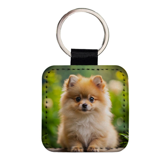 Pomeranian Dog Puppy Photo Square Faux Leather Keychain