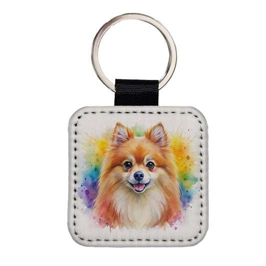 Pomeranian Dog Watercolor Style Square Faux Leather Keychain