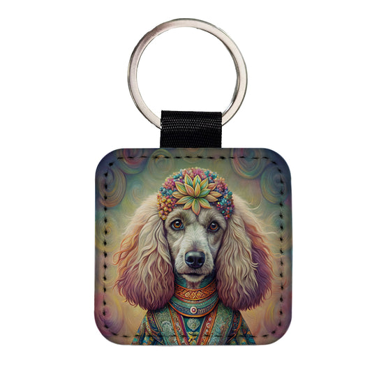 Poodle Dog Bohemian Art Square Faux Leather Keychain
