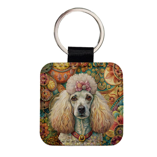Poodle Dog French Bohemian Art Square Faux Leather Keychain