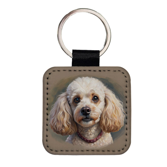 Poodle Dog Illustration Square Faux Leather Keychain