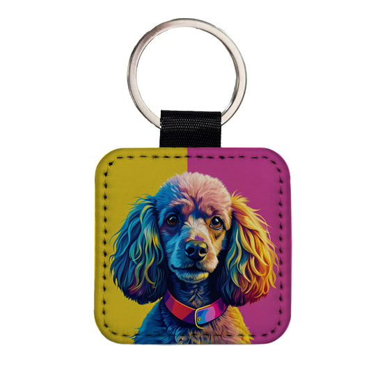 Poodle Dog Pop Art Square Faux Leather Keychain