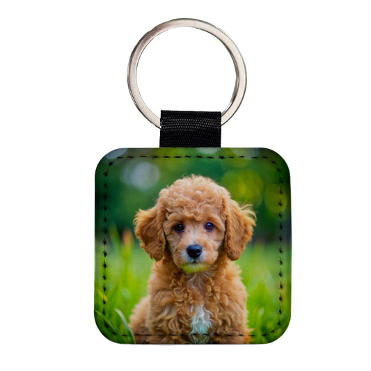 Poodle Dog Puppy Photo Square Faux Leather Keychain