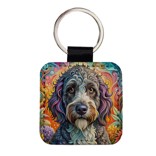 Portuguese Water Dog Bohemian Art Square Faux Leather Keychain
