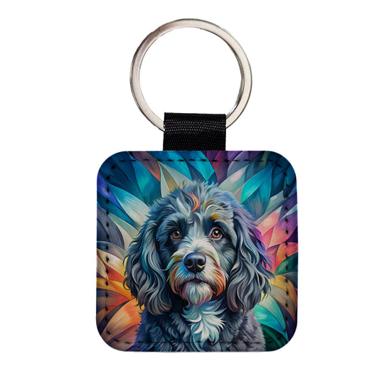 Portuguese Water Dog Contemporary Art Square Faux Leather Keychain