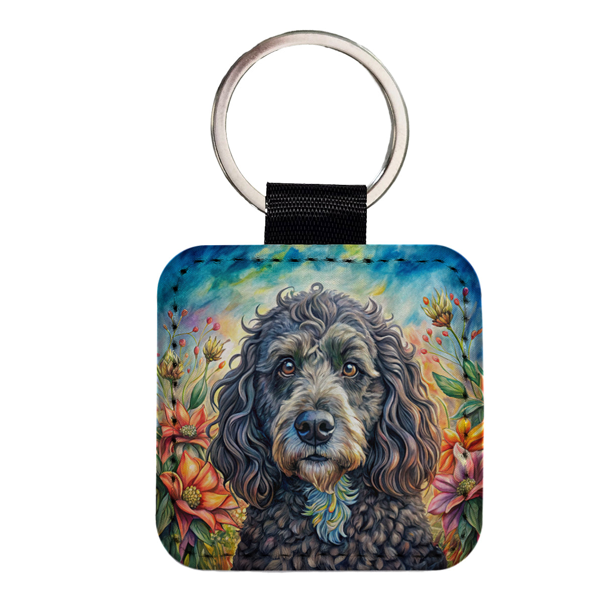 Portuguese Water Dog French Bohemian Art Square Faux Leather Keychain